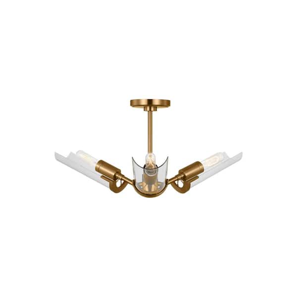 Generation Lighting Mezzo 27.25 in. W x 12.125 in. H 3-Light Burnished Brass Extra Large Dimmable Flush Mount with Clear Glass Shade
