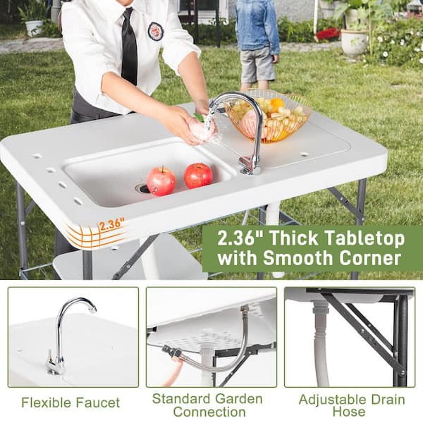 40 in. Portable Fish Camping Table with Sink Faucet and Tray