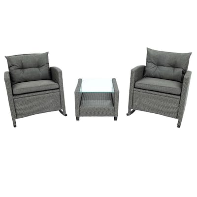 Gray 3-Piece Metal Wicker Rectangular Outdoor Dining Set with Gray Cushions
