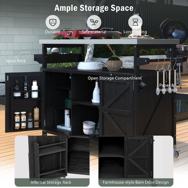 Black Fir Wood Outdoor Bar Cart with Wheels, Patio Kitchen Island