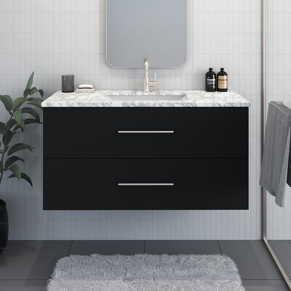 VOLPA USA AMERICAN CRAFTED VANITIES Napa 48 in. W x 22 in. D x 21.75 in. H Single Sink Bath VanityWall in Matte Black with White Carrera Marble Countertop