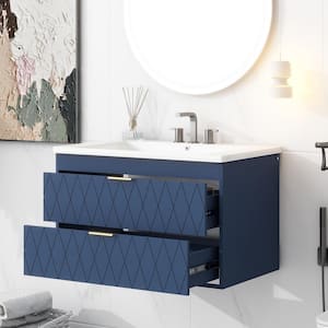 30 in. W x 18 in. D x 19 in. H Wall Mounted Bath Vanity in Navy Blue with White Resin Sink Top, 2 Drawers Cabinet