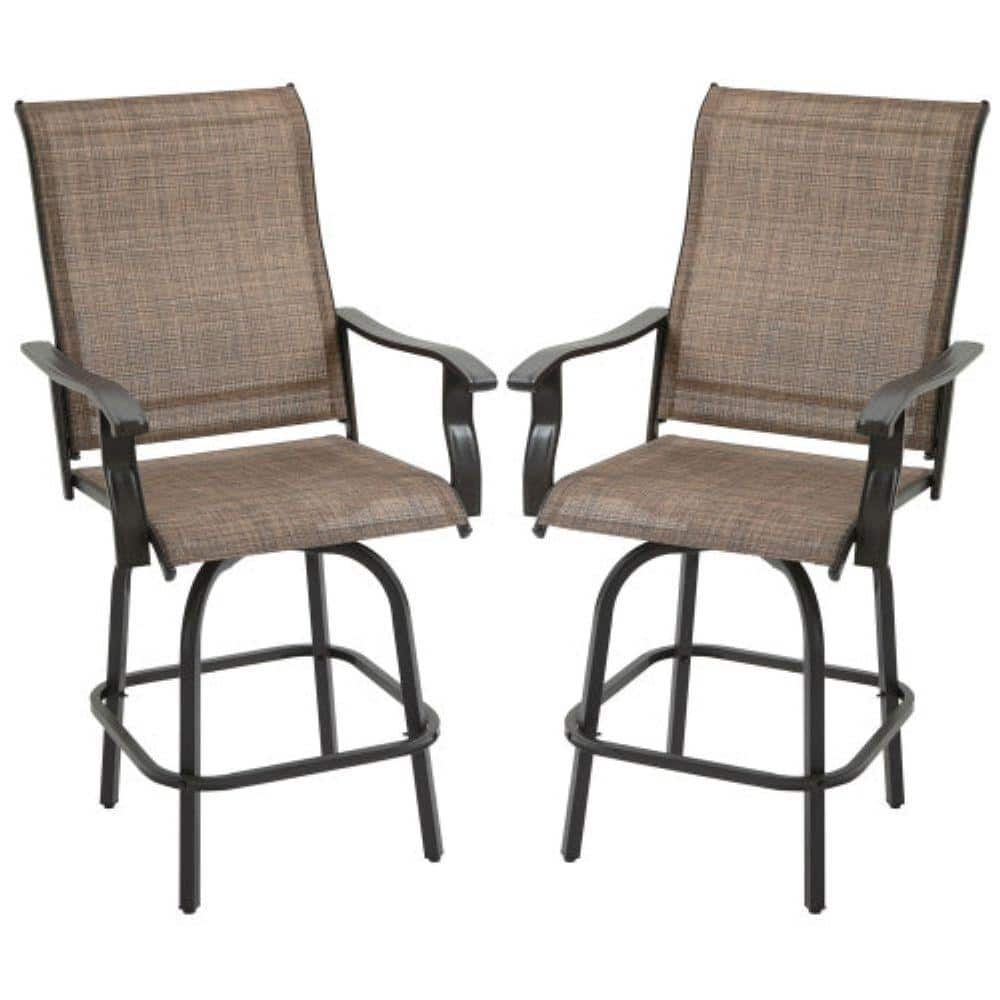Brown Steel Frame Bar Height Swivel Armchairs, Set of 2