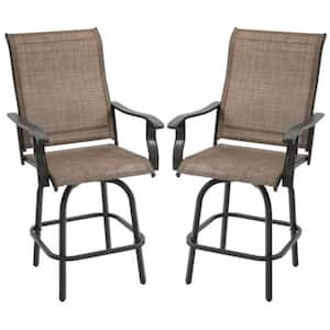 Brown Metal Swivel Outdoor Bar Stools with Armrests, Bar Height Patio Chairs with Steel Frame, 2-Pack