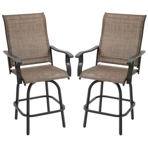 ITOPFOX Brown Metal Swivel Outdoor Bar Stools with Armrests, Bar Height Patio Chairs with Steel Frame, 2-Pack
