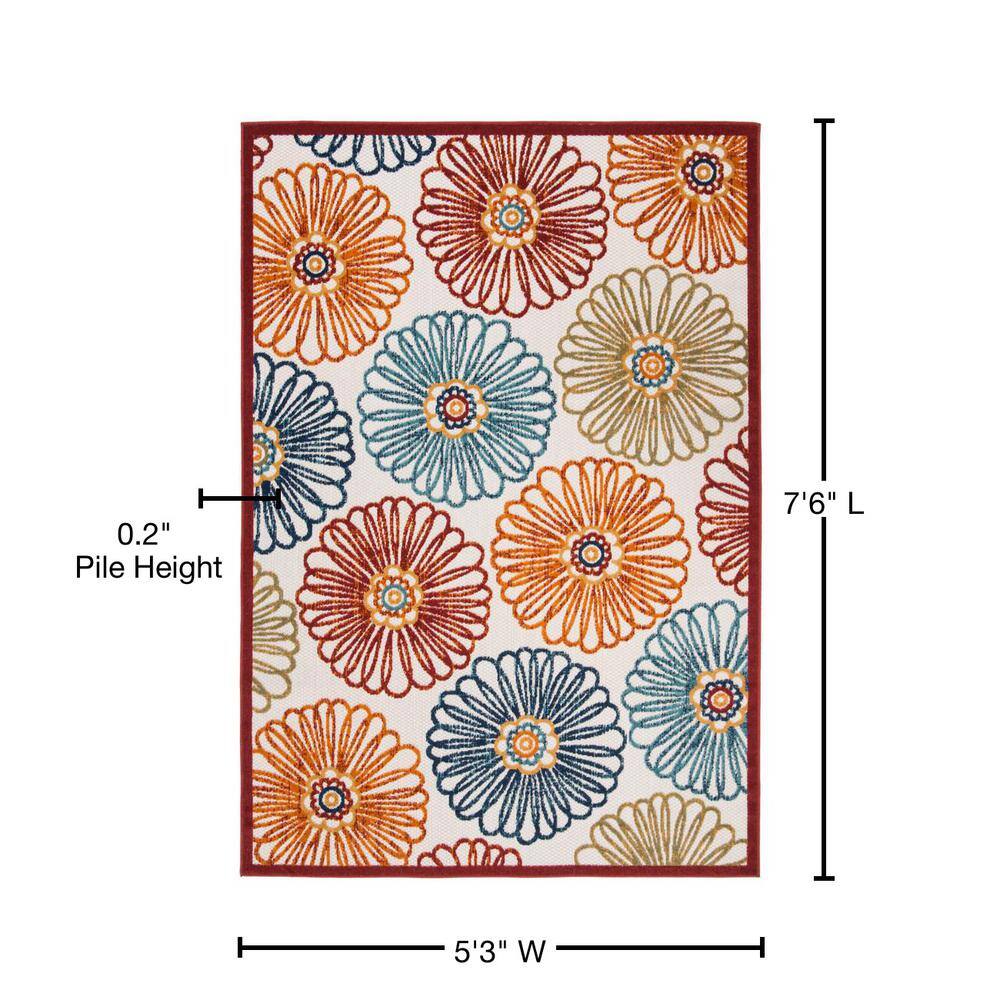 Cream and Red Floral Synthetic Indoor/Outdoor Area Rug