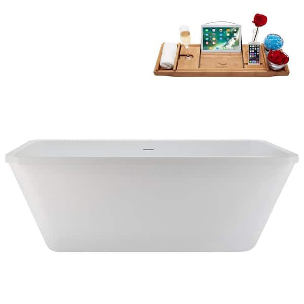60 in. x 30 in. Acrylic Freestanding Soaking Bathtub in Glossy White with Glossy White Drain, Bamboo Tray