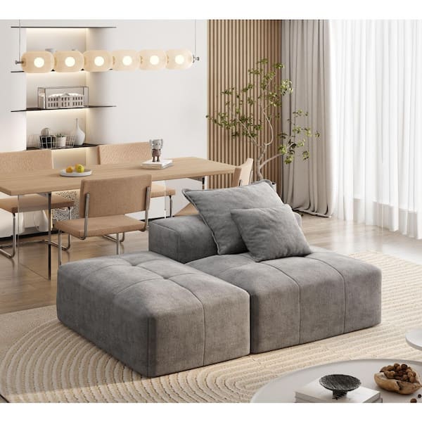 Qualler 70.8 in. Sparkling Chenille Fabric Rectangle Modern Oversized Modular Sectional Sofa with Ottoman and Pillows in Gray