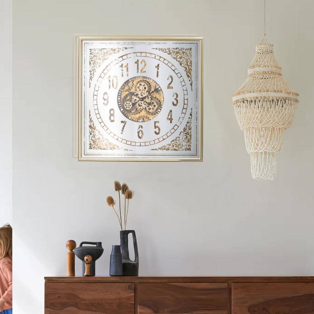 Square White and Brown Iron Wall Clock with Decorative Gears