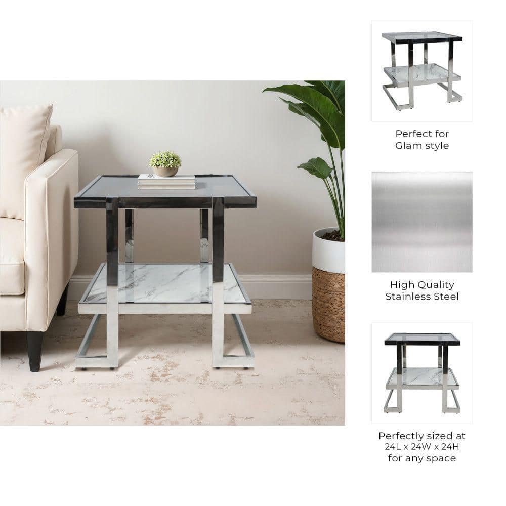 Elegant Silver & Marble Mirrored Side Table with Geometric Base