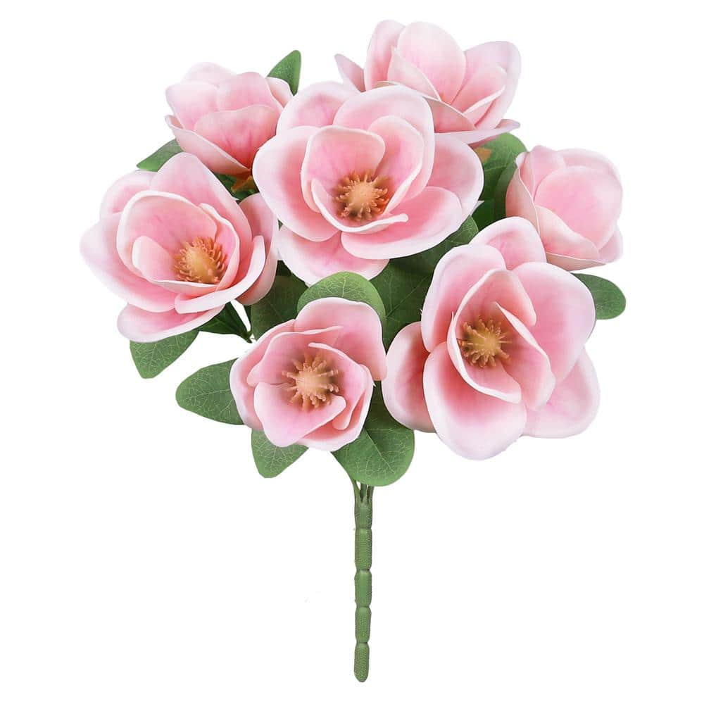 LIVING LUXURY 16 in. Pink Artificial Magnolia Flower Stem Bush 