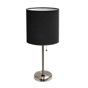 19.5 in. Brushed Steel Stick and Black Table Lamp with Charging Outlet Base