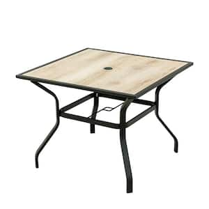 Black Metal Square Outdoor Dining Table with Umbrella Hole and Wood-Look Tabletop