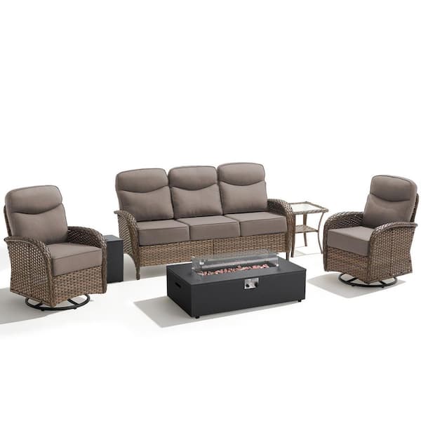 High Crescent 5-Piece Brown Wicker Patio Conversation Set with Gray Cushions and Split-Type Fire Pit Table