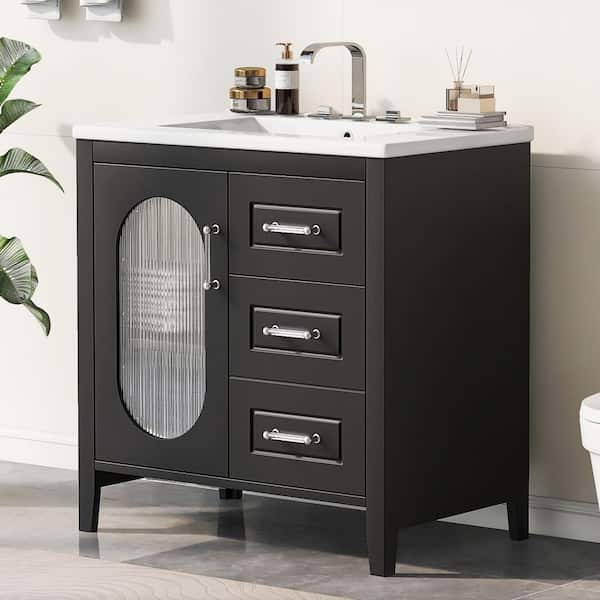30 in. Single Sink Freestanding Black Bath Vanity with White Ceramic Top, Adjustable Shelf and 2 Drawers