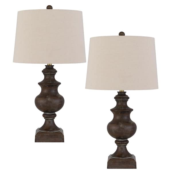CAL Lighting 29.75 in. H Rustic Oak Resin Table Lamp Set with Drum Shade and Matching Finial Set (Set of 2)