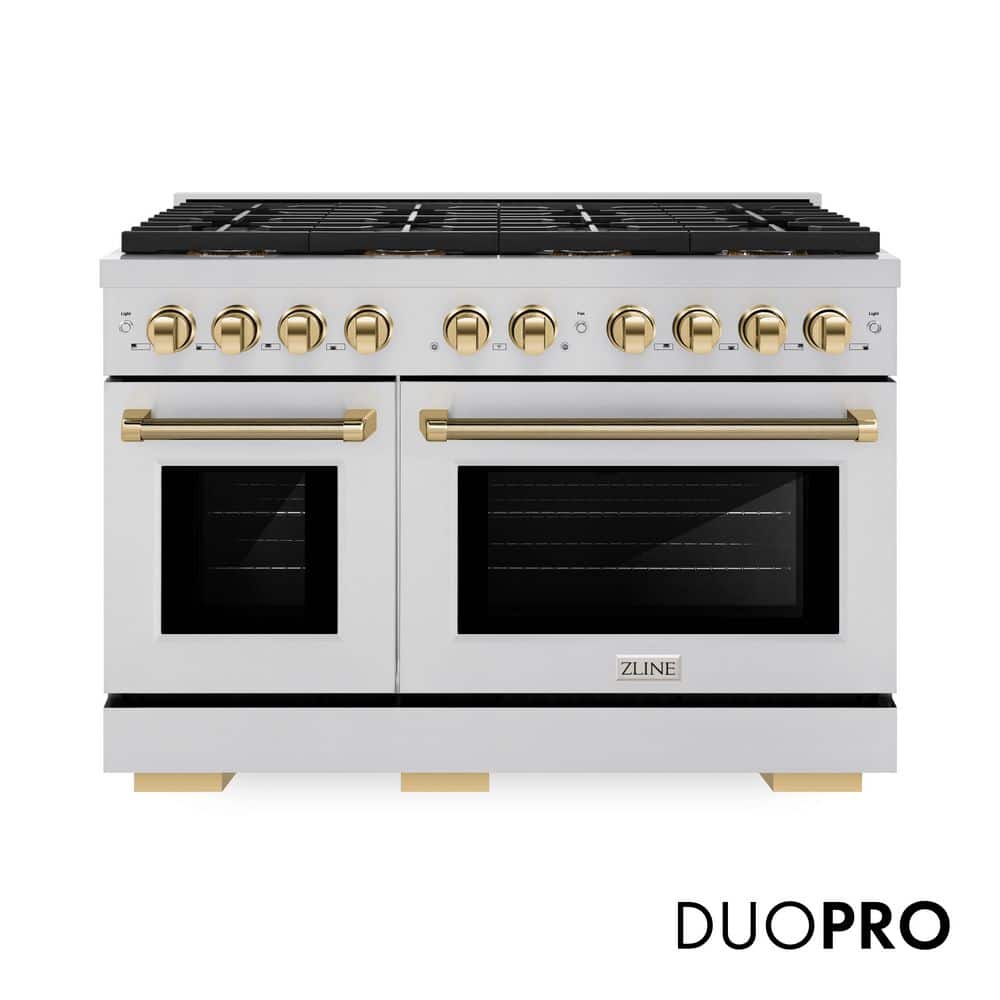ZLINE Kitchen and Bath Autograph 48 in. Paramount Gas Range with 8 Burner DuoPro Cooktop and Gas Oven in Stainless Steel w/ Gold Helix Handles