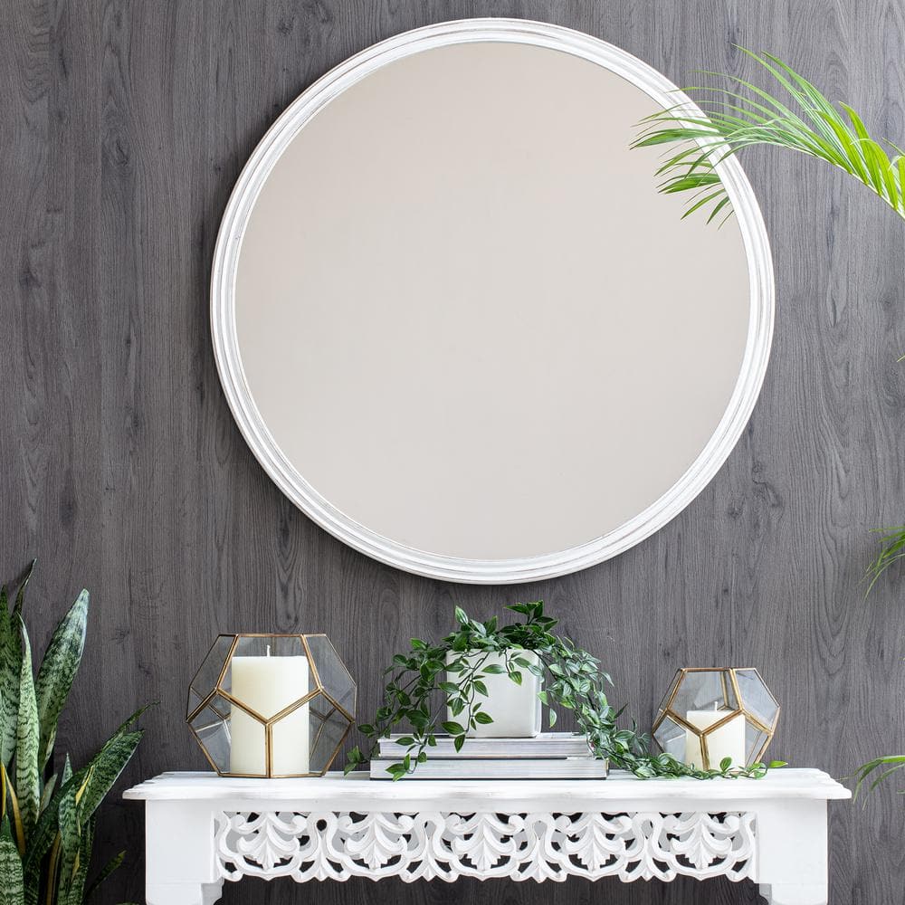 Distressed White Round Wood Frame Wall Mirror