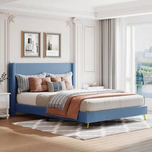 Blue Wood Frame Queen Size Corduroy Upholstered Platform Bed with Metal Legs, Platform Bed With Headboard and Footboard