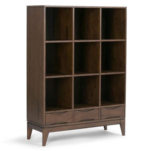 Simpli Home Harper Solid Hardwood 58 in. x 42 in. Mid-Century Modern Cube Storage Bookcase with Drawers in Walnut Brown