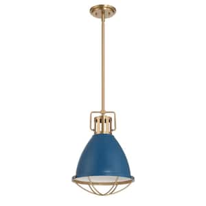 12.75 in. Kent 1-Light Matte Blue and Brushed Gold Pendant-Light with Oversized Caged Metal Shade, No Bulbs Included