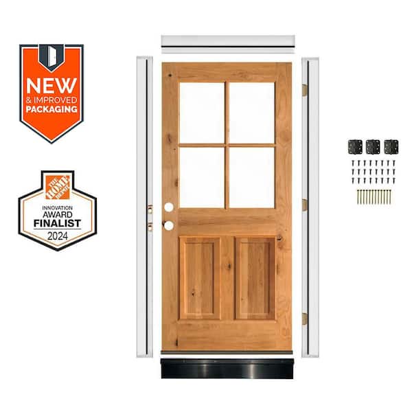 Krosswood Doors DIY 32 in. x 80 in. Right-Handed 4-Lite Clear Glass Clear Stain Knotty Alder Wood Front Door Kit w/ Quick Assemble Jamb