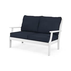 Braxton White Plastic Outdoor Patio Deep Seating Loveseat with Marine Indigo Cushions