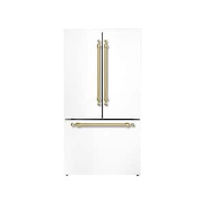 36 in. French Door Refrigerator, 20.3 Cu. Ft., Bottom Freezer, Automatic Ice Maker, White W-Classico Brass Trim