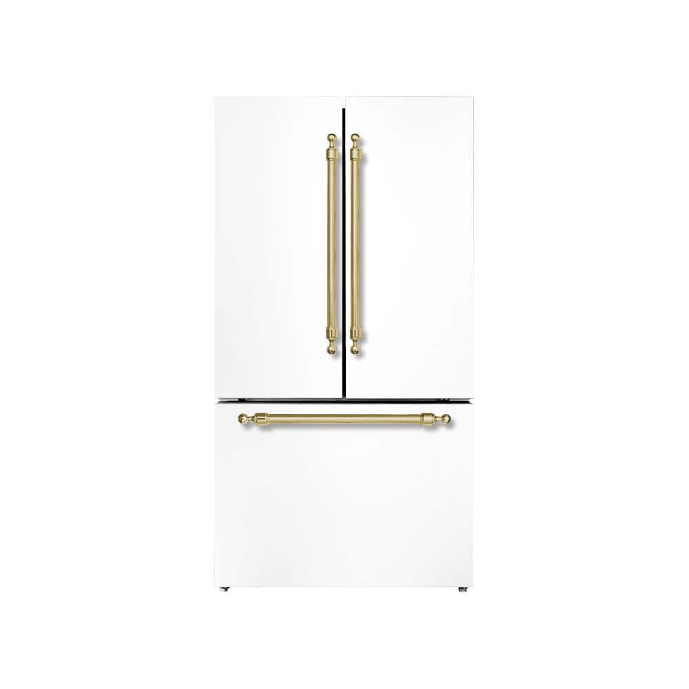 36 in. French Door Refrigerator, 20.3 Cu. Ft., Bottom Freezer, Automatic Ice Maker, White W-Classico Brass Trim