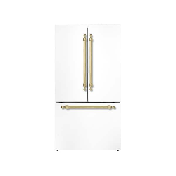 36 in. French Door Refrigerator, 20.3 Cu. Ft., Bottom Freezer, Automatic Ice Maker, White W-Classico Brass Trim