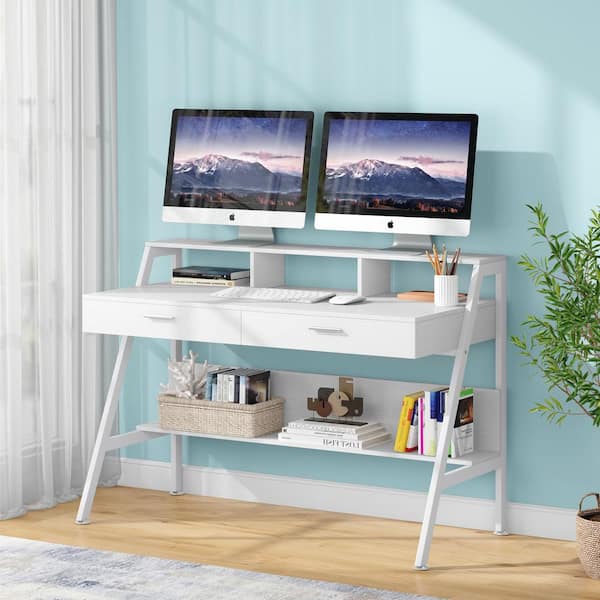 BYBLIGHT Moronia 47.24 in. Rectangle White Wood Computer Desk with Storage Shelf, 2-Drawers, and Monitor Stand Riser