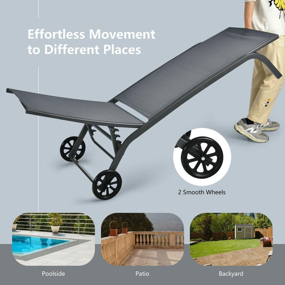 Gray Steel Adjustable Outdoor Chaise Lounge with Wheels