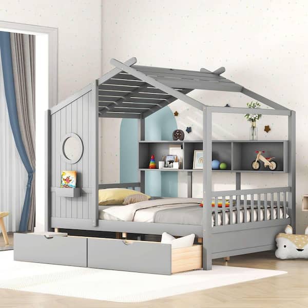Gray Wood Frame Full Size Platform Bed with 2 Drawers, Storage Shelf