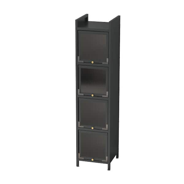 Unbranded 13.78 in. W x 14.17 in. D x 59.84 in. H Matte Black Four-tier Glass Door Linen Cabinet with Featuring Five-tier Storage