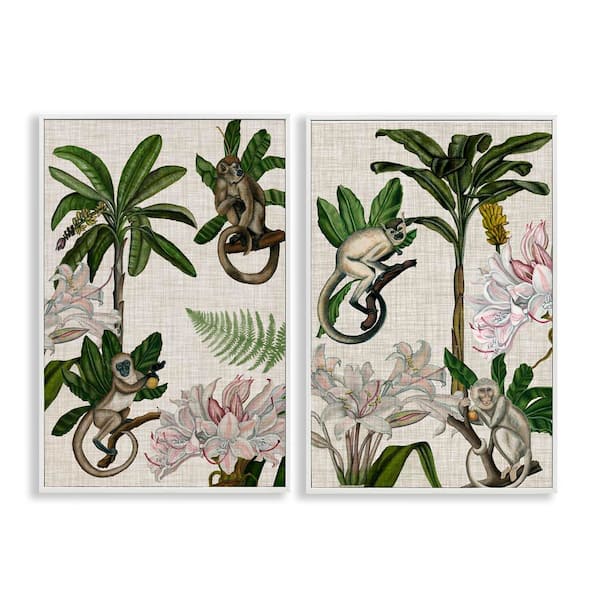 Tropical Trees and Monkeys by Naomi McCavitt 2 Pieces White Framed Nature Giclee Art Print 24 in. x 16 in.