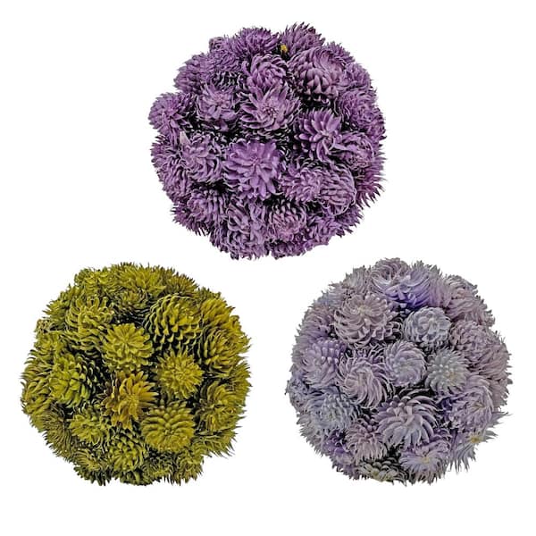 Handmade Natural & Preserved Topiary Balls – Decorative Bowl Filler Orbs In Green & Purple – Botanical Accent Set Of 3