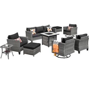 Lake Powell Gray 9-Piece Wicker Patio Conversation Fire Pit Seating Set with Black Cushions