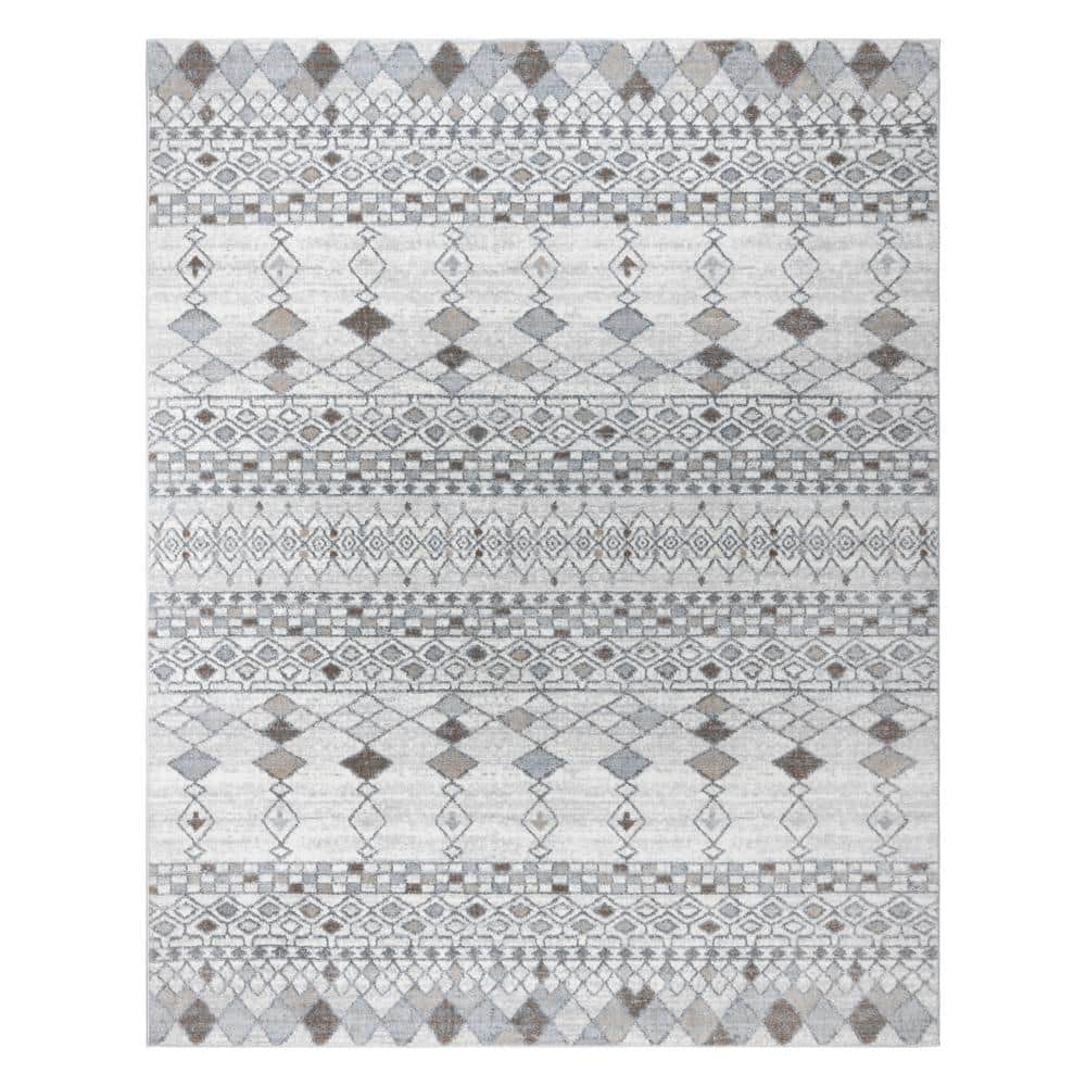 Gray and Beige Geometric Moroccan Polypropylene Area Rug 9' x 12'