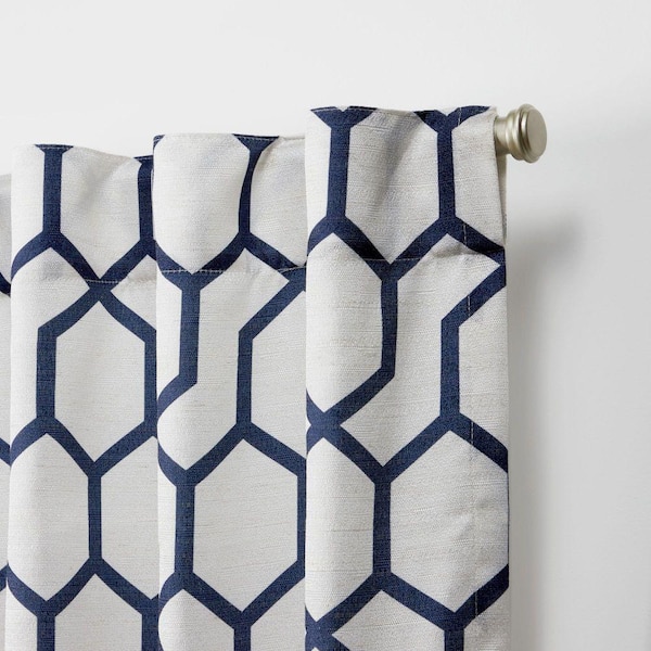 Hexa Indigo Blue Geometric Light Filtering Hidden Tab / Rod Pocket Curtain, 54 in. W x 84 in. L (Set of 2)