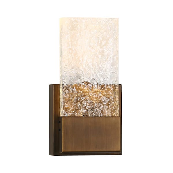 Uolfin 1-Light Brushed Aged Brass LED Wall Sconce with Textured Glass Shade
