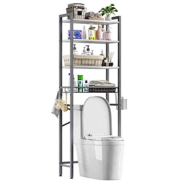 1-Piece Metal Gray and White 4-Tier Bathroom Organizer Shelf Over Toilet with Adjustable Shelf and Basket for Room