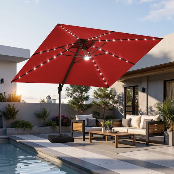 Crestlive Products 11 ft. x 11 ft. Cantilever Patio Umbrella with Solar  Lights in Red Double Top Outdoor Umbrella with 350 lb. Wheeled Base ...