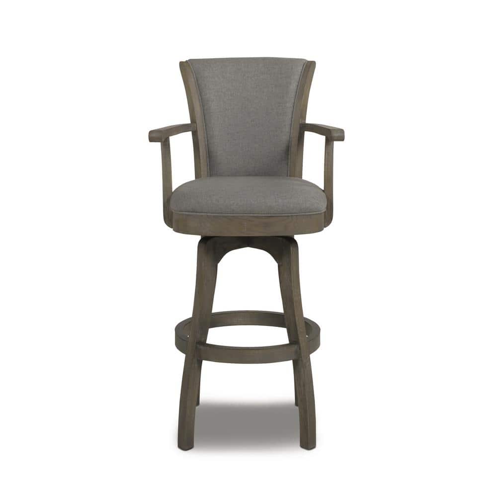 Distressed Wood Swivel Bar Stool with Gray Leather Cushion and Armrests