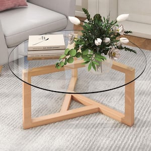 35 in. Oak Round Glass Top Coffee Table