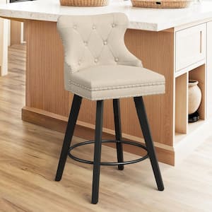 Apollo 27 in. Counter Stool Beige Fabric Upholstered Button Tufted Swivel Bar Stool with Solid Wood Frame