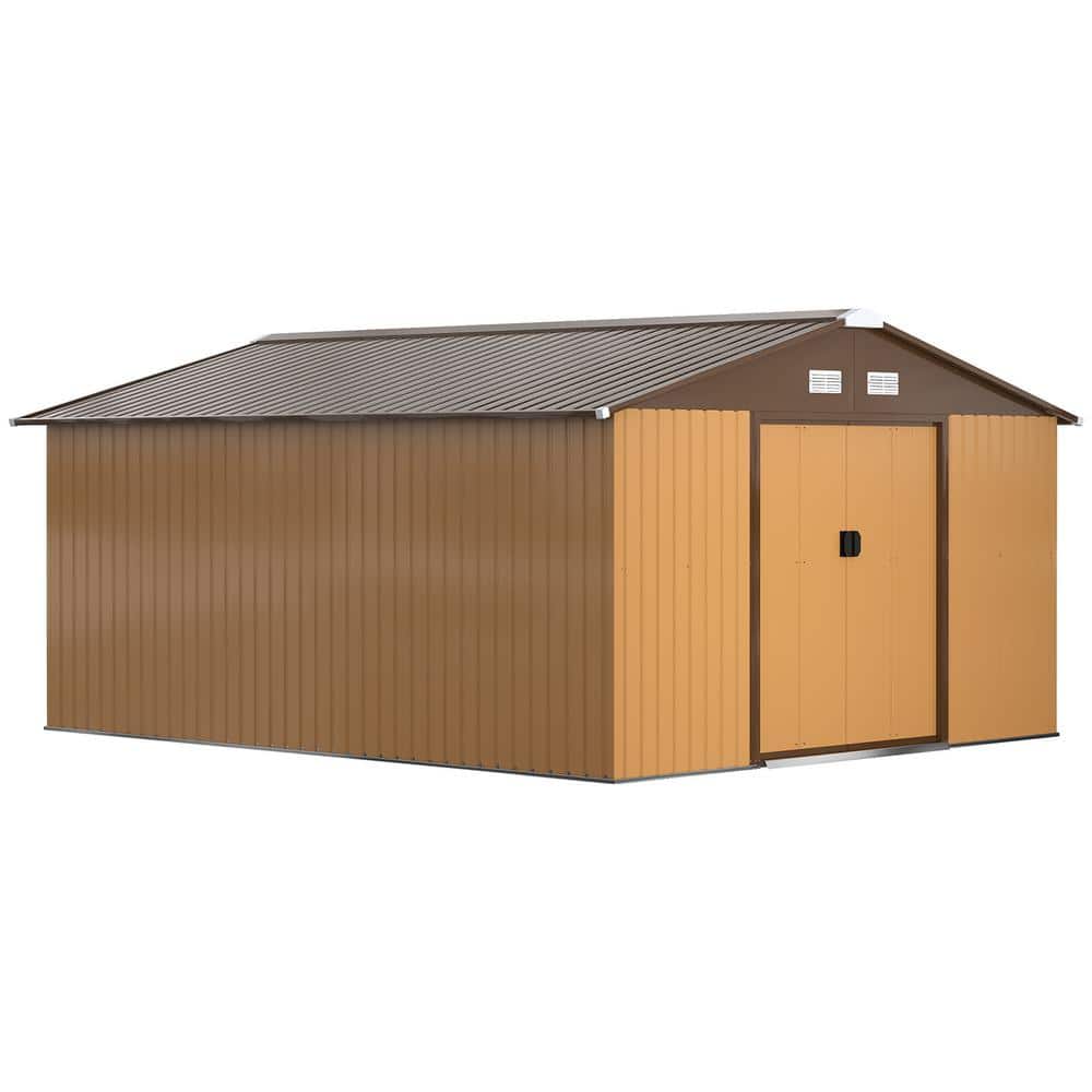 Large Brown and Yellow Metal Storage Shed with Windows