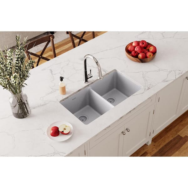 Quartz Classic 33 in. Undermount Double Bowl Greystone Granite/Quartz Composite Kitchen Sink Only