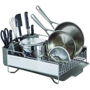 Gray Stainless Steel Dish Rack Self Draining Angled Drain Board and Removable Flatware Caddy