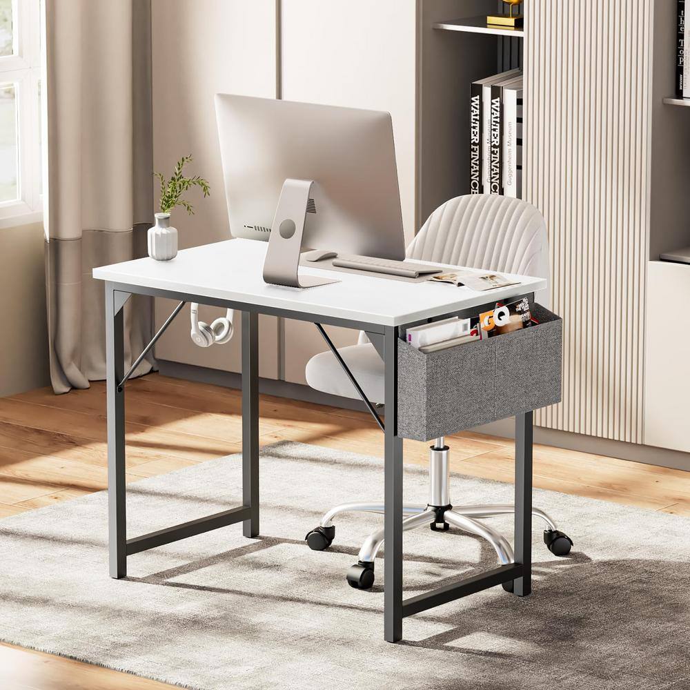 31.5 in. Rectangular White Computer Desk Home Office Writing Desk with Storage Bag, Hook