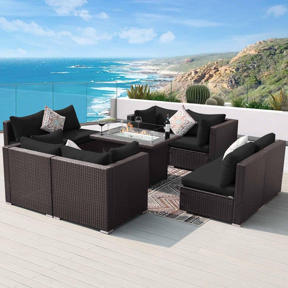 9-Pieces Brown Wicker Outdoor Sectionals Patio Furniture Set Conversation S